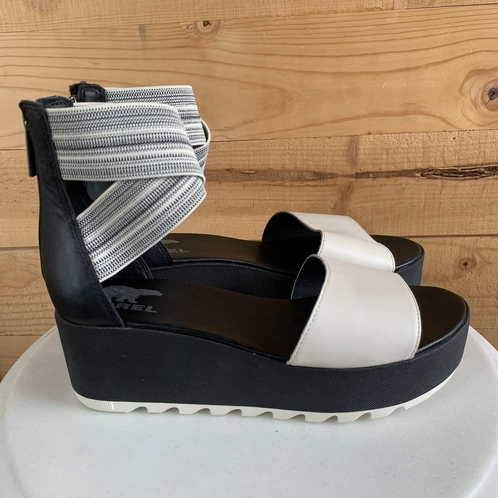 Sorel Cameron Platform Ankle Strap Wedge Sandal 8 Black Boho Black Cream